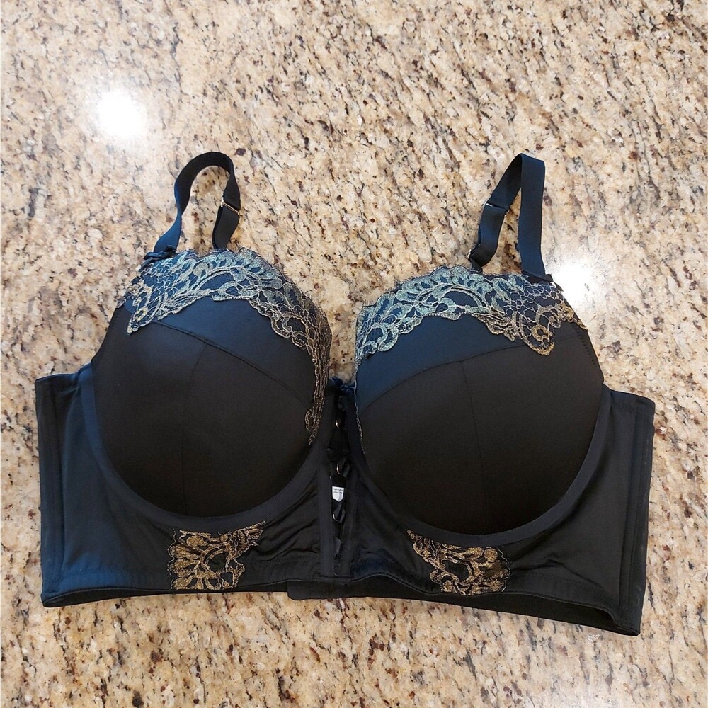 CACIQUE Boost Balconette Bra Size 44DD Black/Gold Lace UW Adj Strap Full Coverag